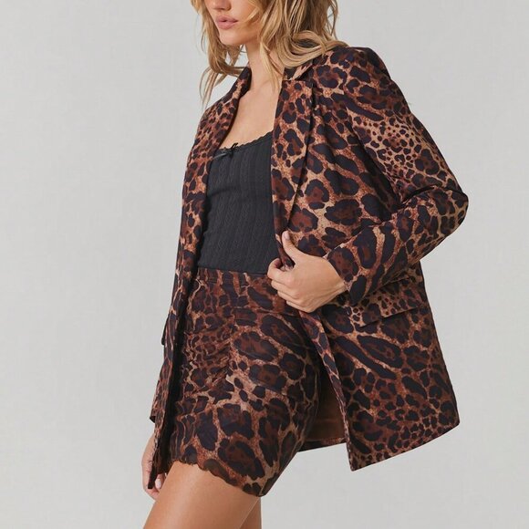 Brown Elegant Women's Leopard Print Blazer With mini Skirt Suit set - Picture 4 of 6